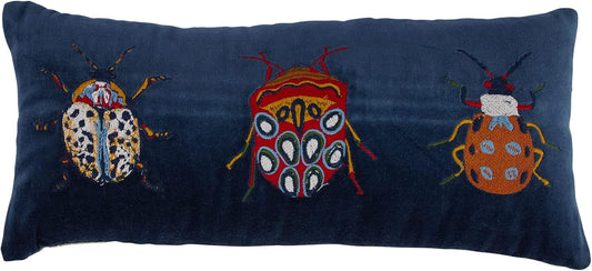 Creative Co-Op Cotton Velvet Embroidered Lumbar Pillow with Beetles and Chambray Back, Multicolor