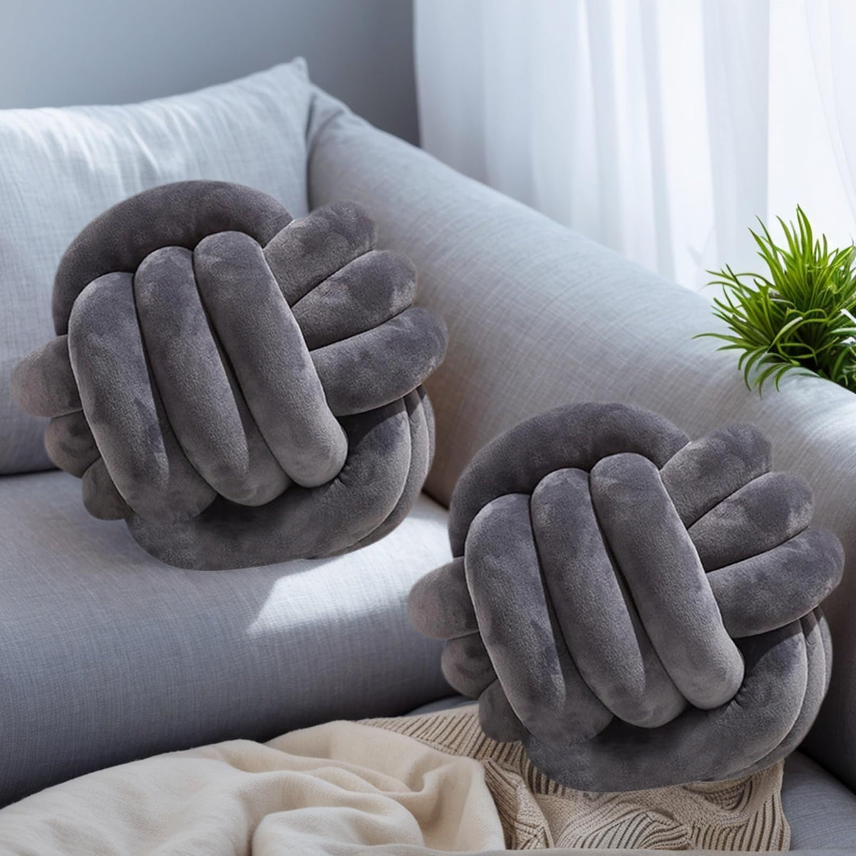 2 Pcs Knot Ball Pillow Black Throw Pillows Plush Round Cushion 8.7"