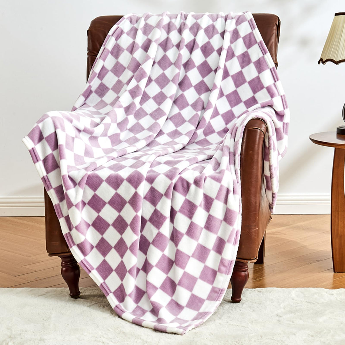 Edenleaf Pink Checkered Fleece Throw Blanket for Couch Warm Home Decor