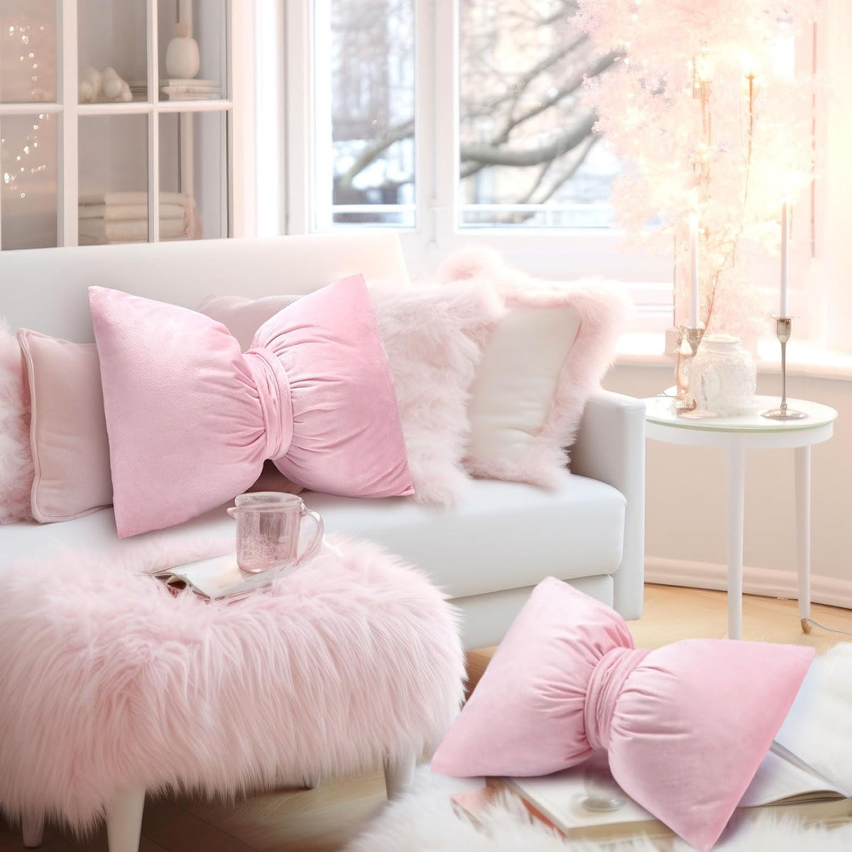 Beeveer Pink 2 Pcs Coquette Bow Pillow Velvet Bow Decor
