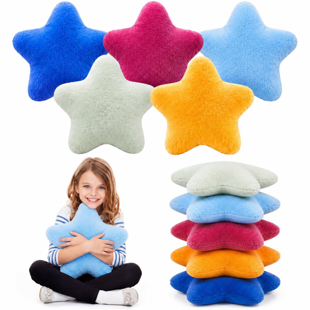 Soaoo 5 Pcs Star Fluffy Pillow Shaped Star Throw Pillow Kids Aesthetic Decor Soft Preppy Cute Cushion for Sofa Living Room Bedroom Back to School 15.75 in, Bright Mix