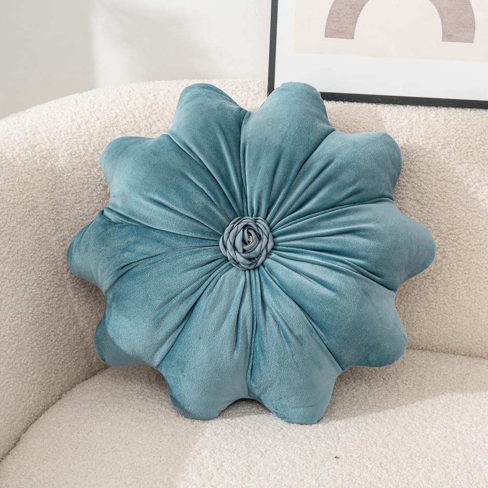 Flower Pillow Cushion Round Decorative Throw Pillows 15.7 Inch Velvet Flower Shaped Pillow Floral Cushion for Sofa, Couch, Vanity Chair, Bed (Green)