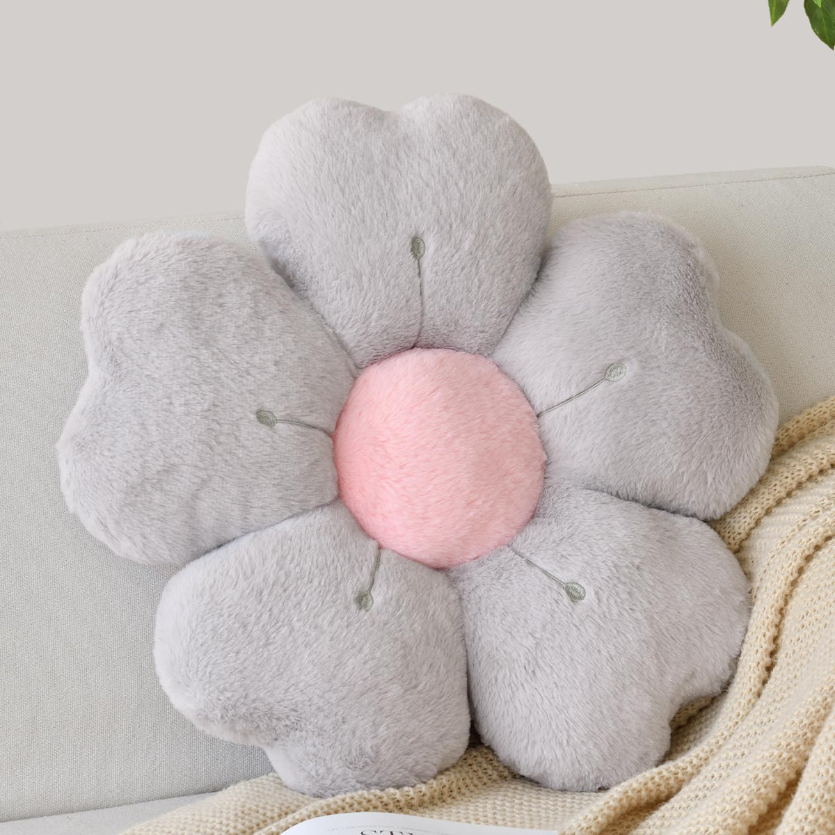 Flower Shaped Pillow, Cute Decorative Throw Pillow with Soft Artificial Rabbit Fur for Couch Bed Chair Floor, Flower Pillows Seating Cushions with Room Décor for Bedroom Living Room (14.9" Lavender)