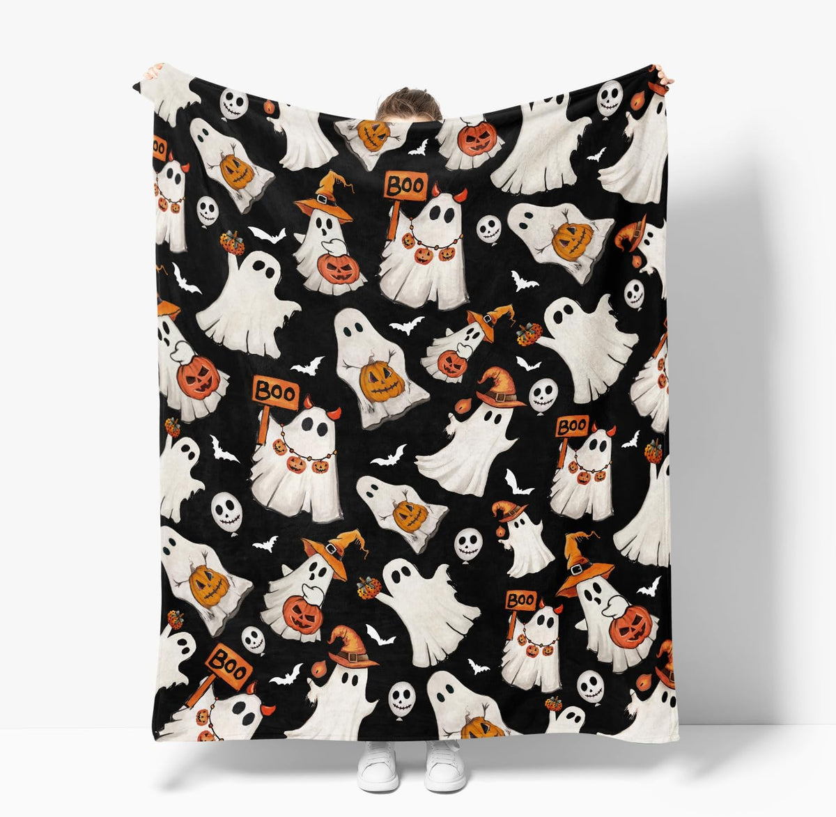 Horaldaily Halloween Black Ghost Pumpkin Skulls Flannel Throw Blanket 50x60