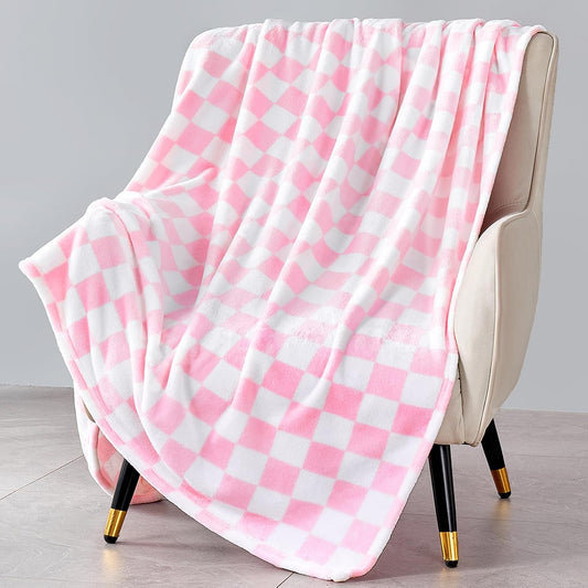 Edenleaf Pink Checkered Fleece Throw Blanket for Couch Warm Home Decor