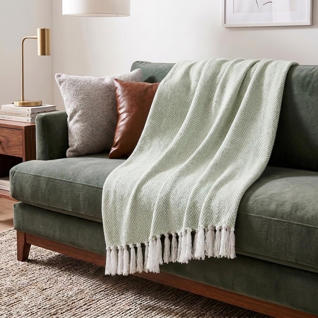 Americanflat 50x60 Throw Blanket - Soft and Breathable Cotton Throw Blanket for Couch, Bed, Chair - Decorative Blankets Perfect for Home, Office, or Outdoor Use - Cream Herringbone Design