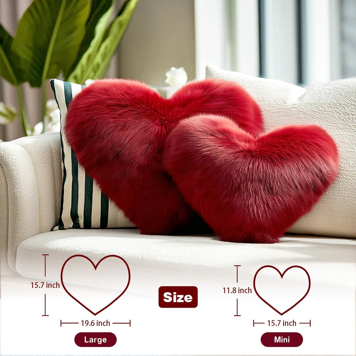 Red Heart Pillow, Faux Fox Fur Heart Decorative Pillows, Heart Shaped Throw Pillow for Bed, Soft Fluffy Decorative Cushion for Chair Sofa Living Room - Plush Pillow Home Decor