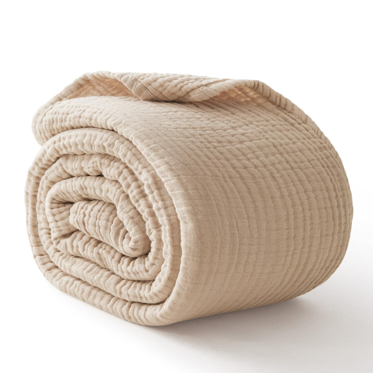 100% Cotton Muslin Blanket for Adults, 6-Layer Large Throw, Beige Linen