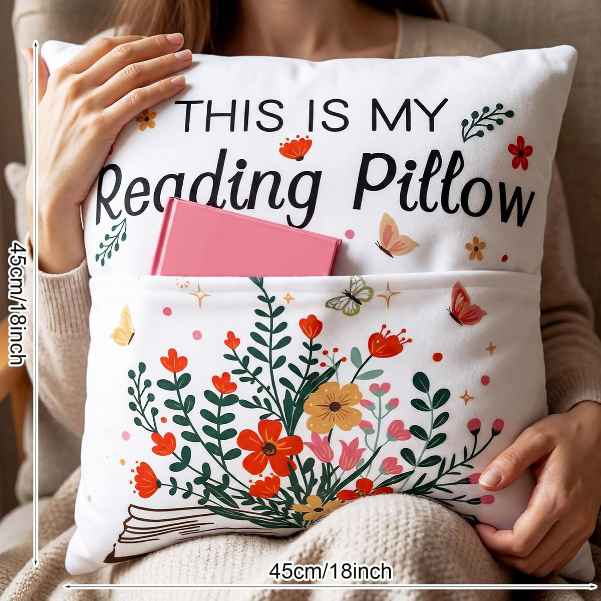 18 x 18 Inch This is My Reading Pillow with Flower