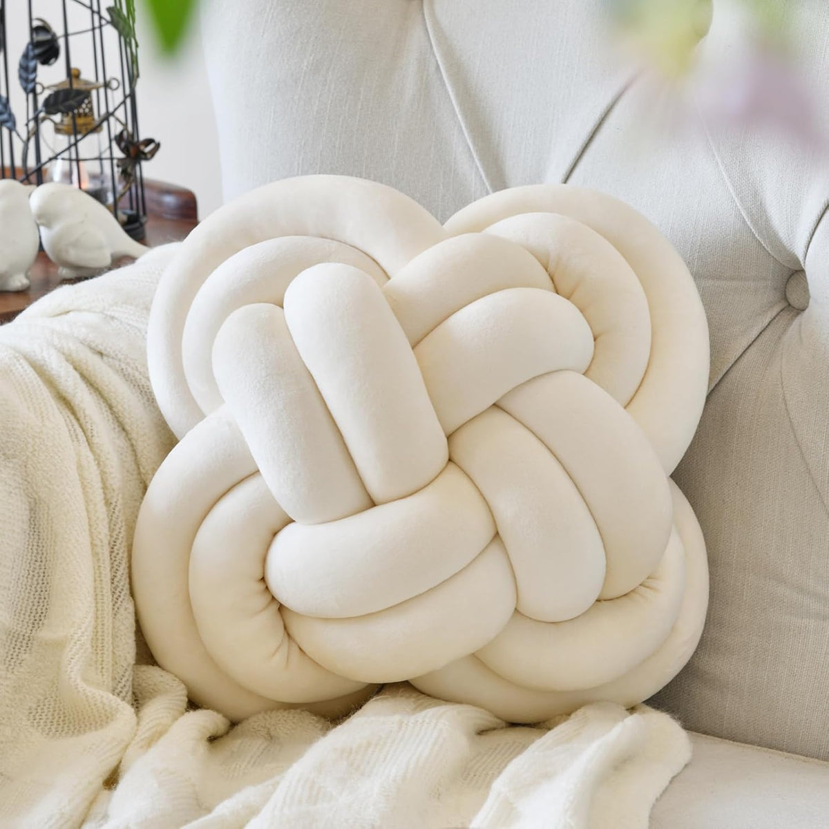 Xuyier Knot Pillow Ball, 12" Decorative Throw Pillows for Couch Bed, Beige
