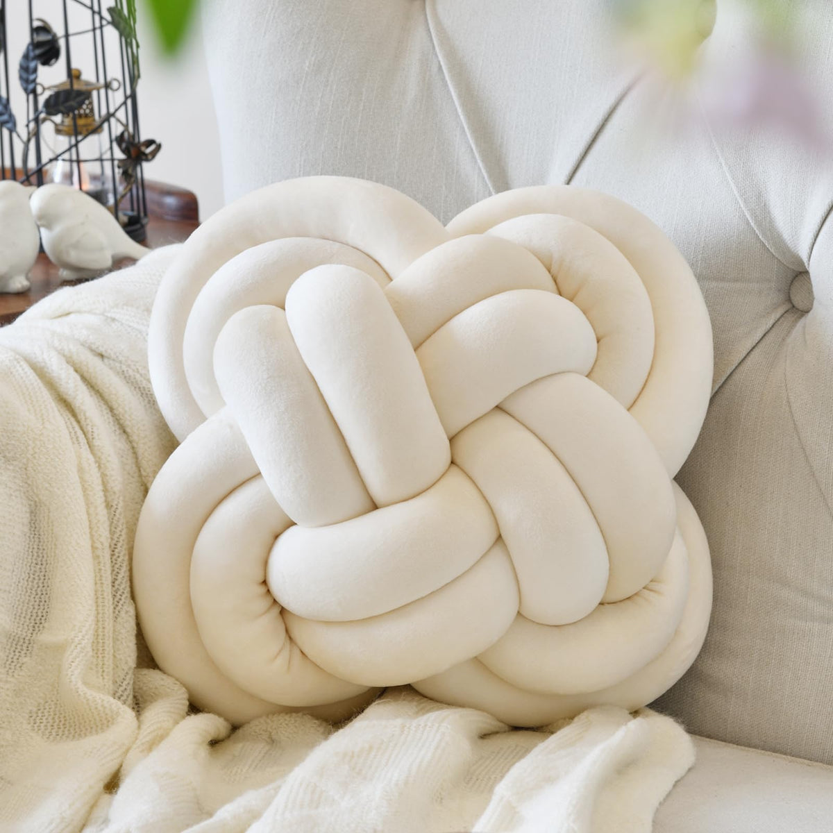 Xuyier Knot Pillow Ball, 12" Decorative Throw Pillows for Couch Bed, Beige
