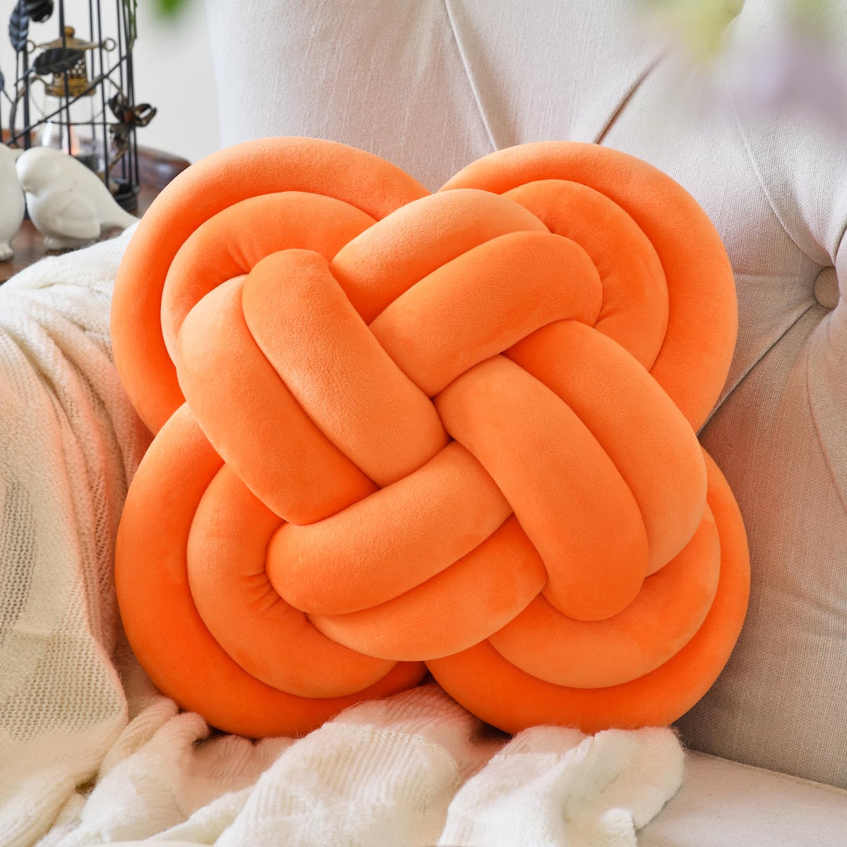Xuyier Knot Pillow Ball, 12" Decorative Throw Pillows for Couch Bed, Beige