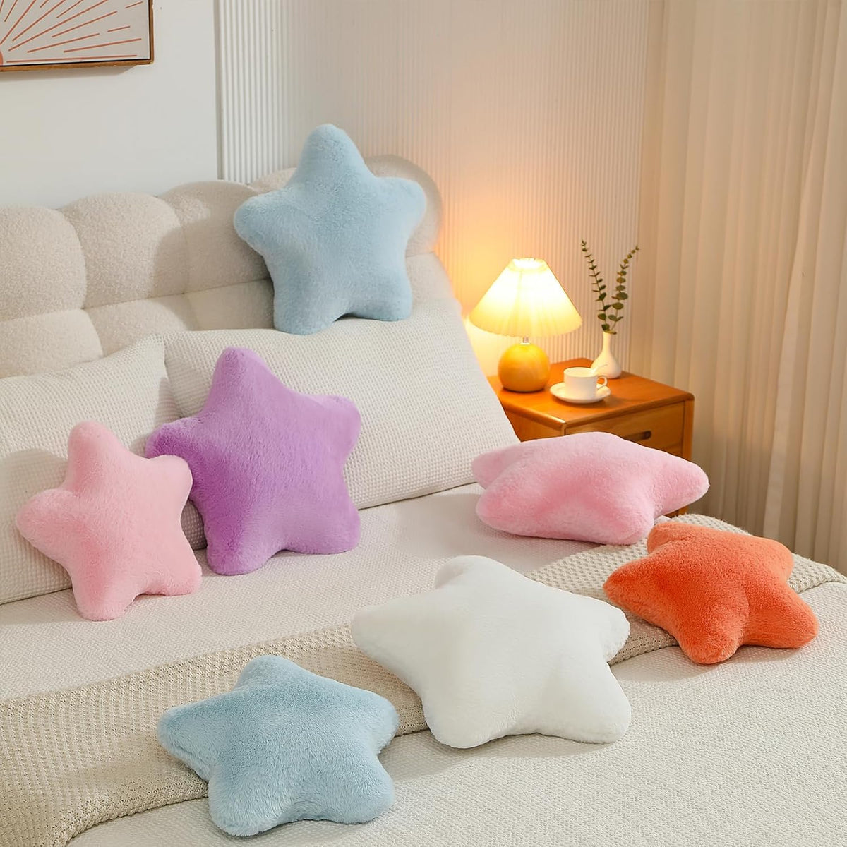 YRXRUS Star Pillows, Light Blue Star Shaped Pillow, Decorative Throw Pillow Gifts, Cute Plush Room Decor, Fluffy Faux Rabbit Fur 14"x14"Pillows for Living Bedroom