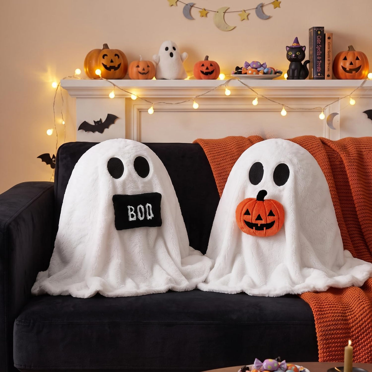 Bunny Chorus Halloween Ghost Throw Pillows, 2pcs Ghost Shaped Decorative Pillows for Couch Sofa Bed, Cute Spooky Halloween Stuffed Pillow Plush Ghost Doll Home Decor Party Decorations, 14" x 12"