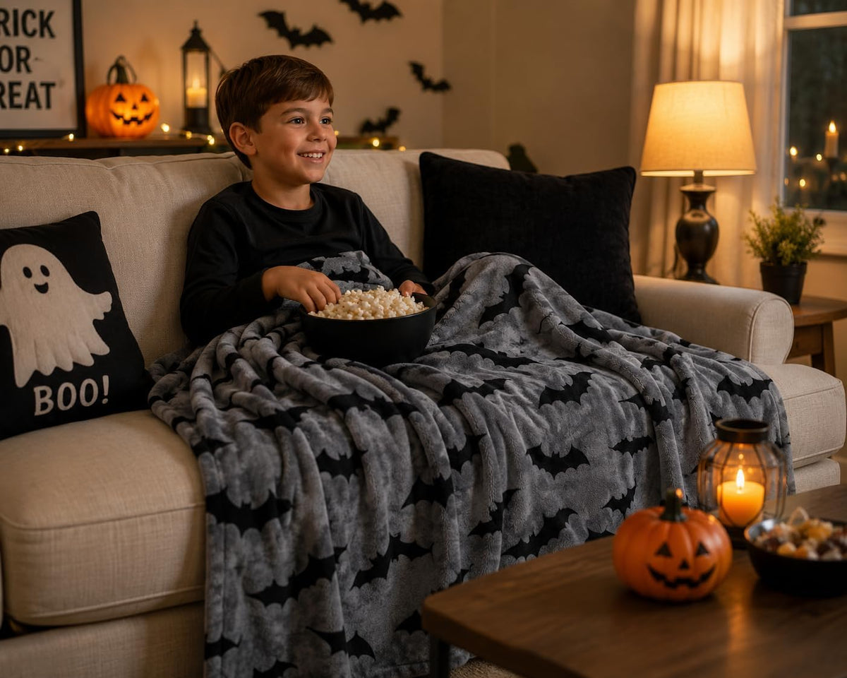 Halloween Fleece Throw Blanket, Black Bats on Gray, 50"x70" Oversized