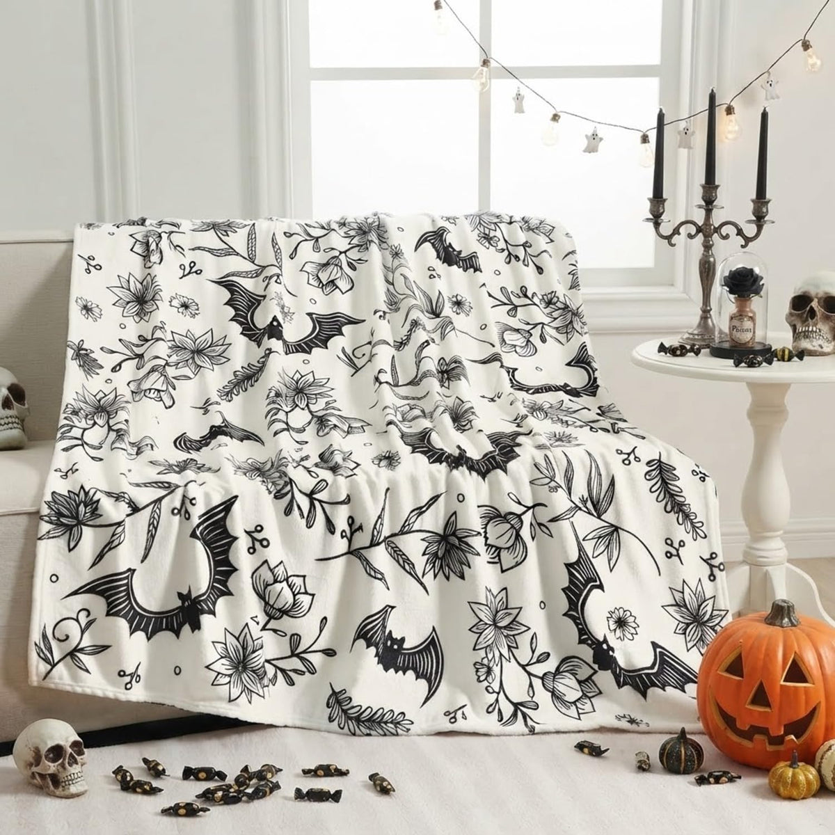 FuWeave Halloween Throw Blanket Cute Ghost Blanket Black and White Striped