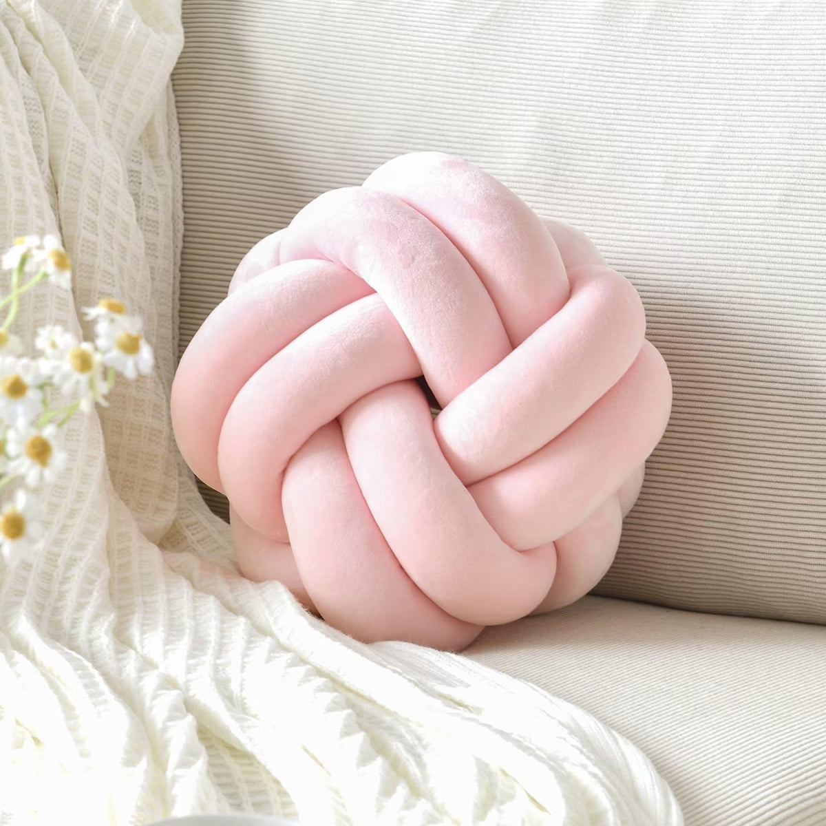 Knot Pillow Ball, Soft Home Decorative Throw Pillows Cushion, Round Changeability Knotted Pillows, Modern Home Handmade Cushions for Bedroom, Sofa, Couch (8 Inch, White)