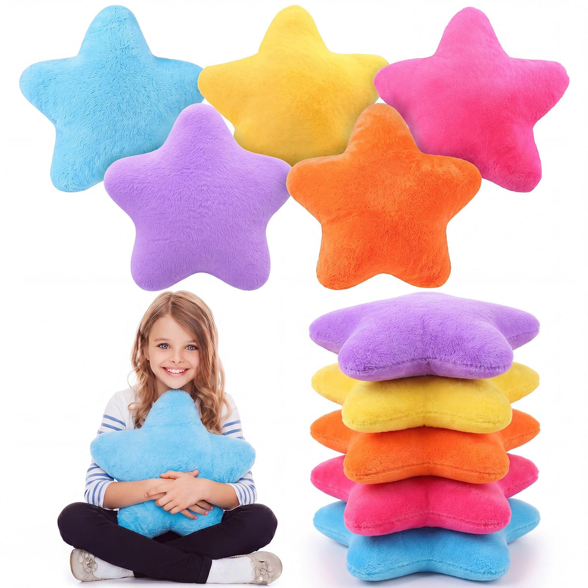 Soaoo 5 Pcs Star Fluffy Pillow Shaped Star Throw Pillow Kids Aesthetic Decor Soft Preppy Cute Cushion for Sofa Living Room Bedroom Back to School 15.75 in, Bright Mix
