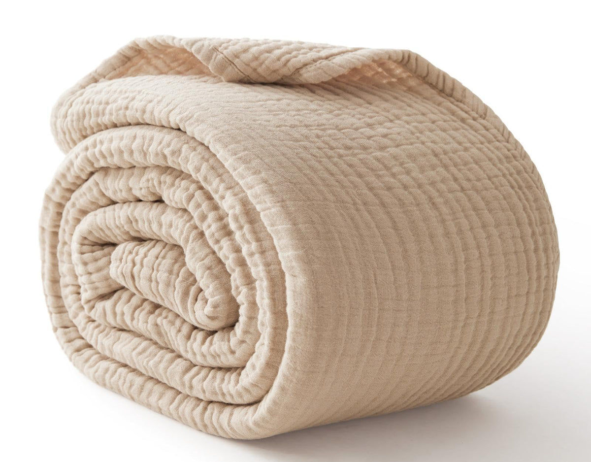 100% Cotton Muslin Blanket for Adults, 6-Layer Large Throw, Beige Linen