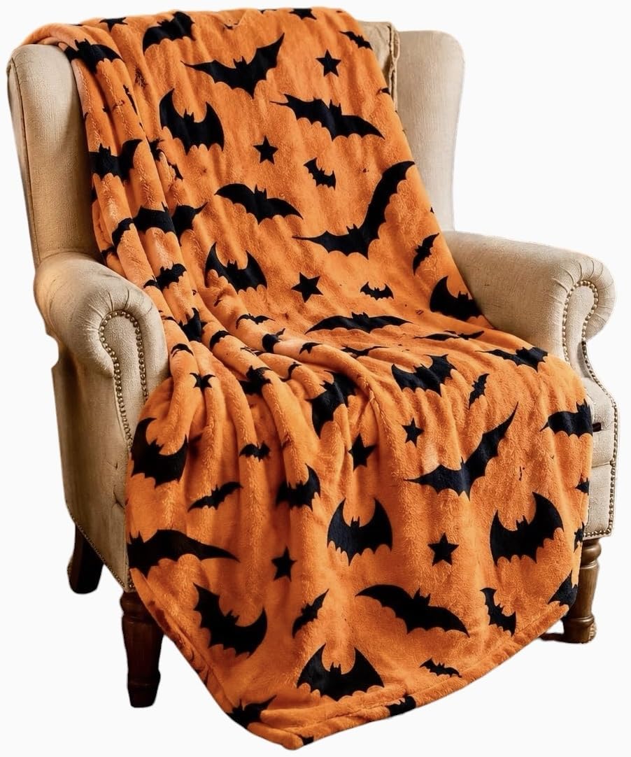 Halloween Fleece Throw Blanket, Black Bats on Gray, 50"x70" Oversized