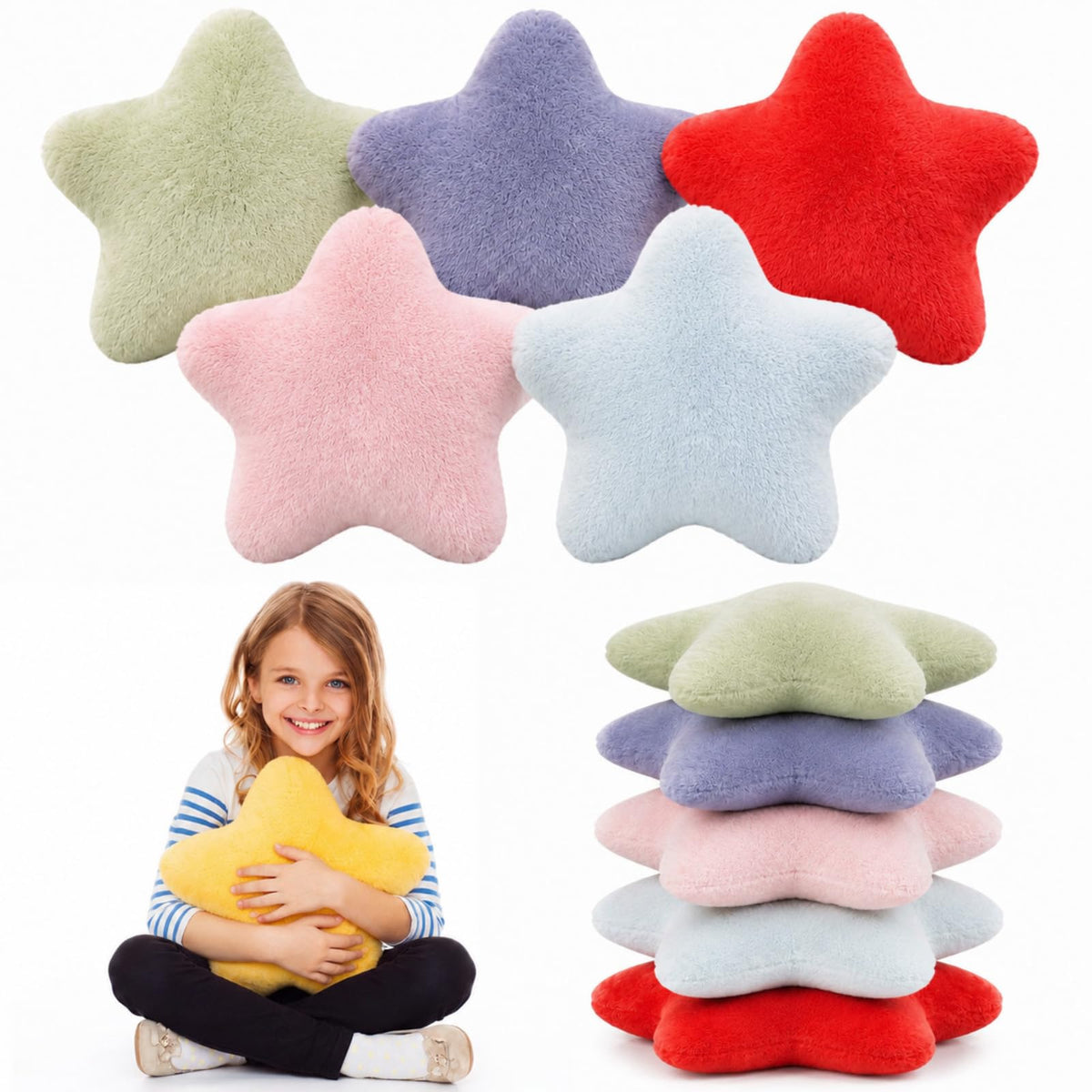 Soaoo 5 Pcs Star Fluffy Pillow Shaped Star Throw Pillow Kids Aesthetic Decor Soft Preppy Cute Cushion for Sofa Living Room Bedroom Back to School 15.75 in, Bright Mix