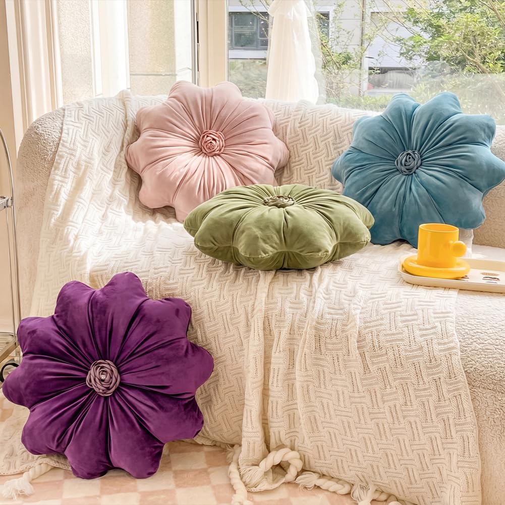 Flower Pillow Cushion Round Decorative Throw Pillows 15.7 Inch Velvet Flower Shaped Pillow Floral Cushion for Sofa, Couch, Vanity Chair, Bed (Green)
