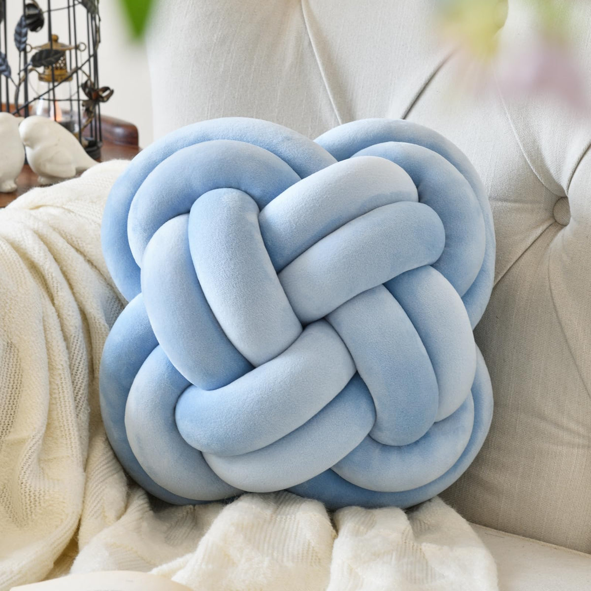 Xuyier Knot Pillow Ball, 12" Decorative Throw Pillows for Couch Bed, Beige