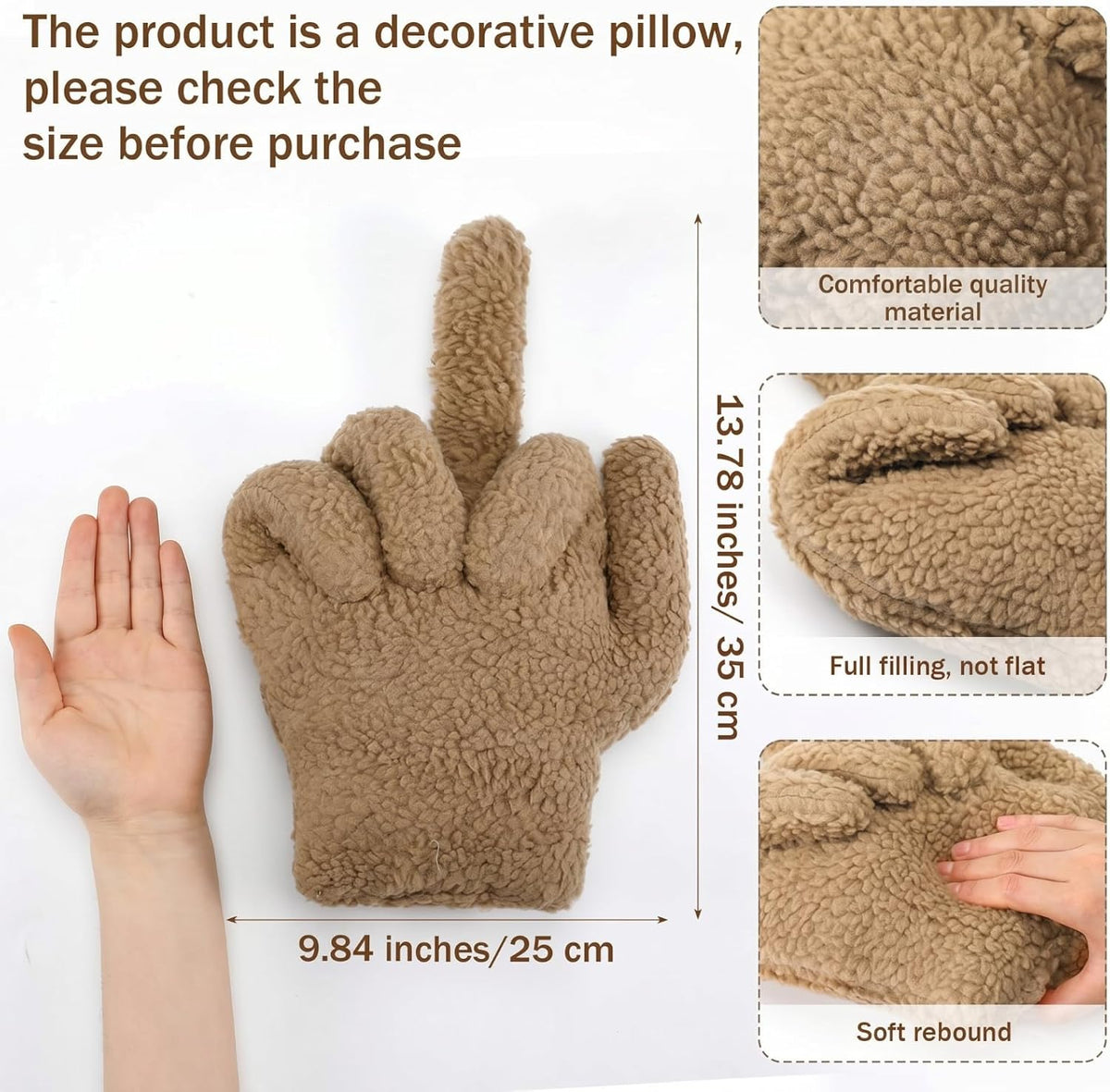 Menkxi Small Middle Finger Decorative Pillow Funny Shaped, Light Brown