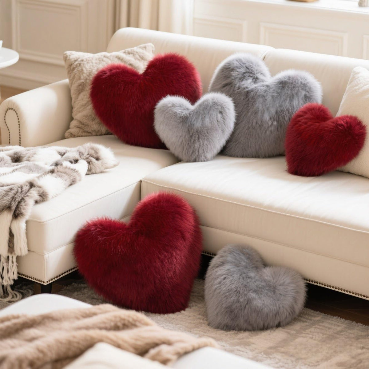 Red Heart Pillow, Faux Fox Fur Heart Decorative Pillows, Heart Shaped Throw Pillow for Bed, Soft Fluffy Decorative Cushion for Chair Sofa Living Room - Plush Pillow Home Decor