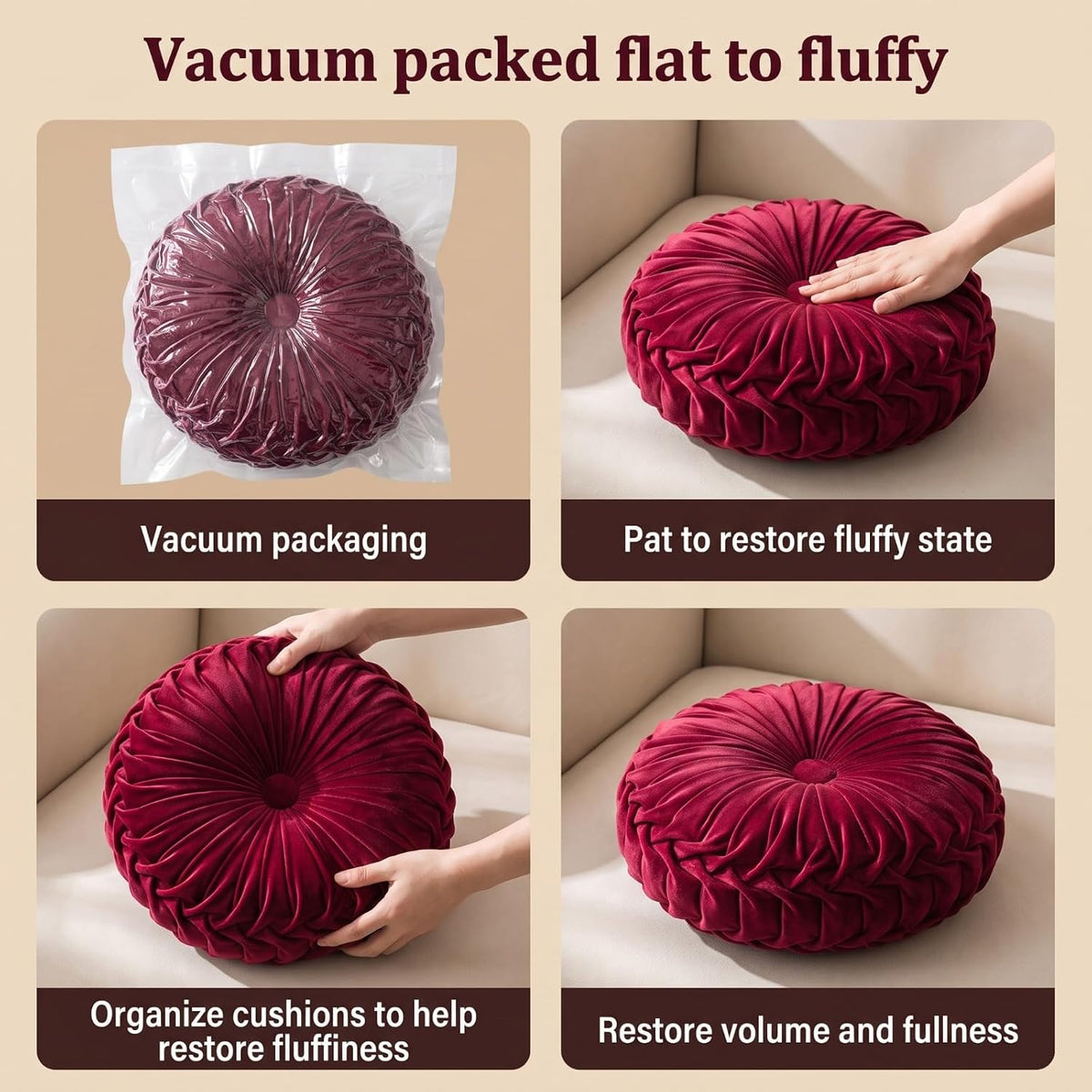 HLOVME Round Velvet Pillow for Couch Small Handmade Decorative Throw Pillow for Bed Bedroom 13.7” Wine Red