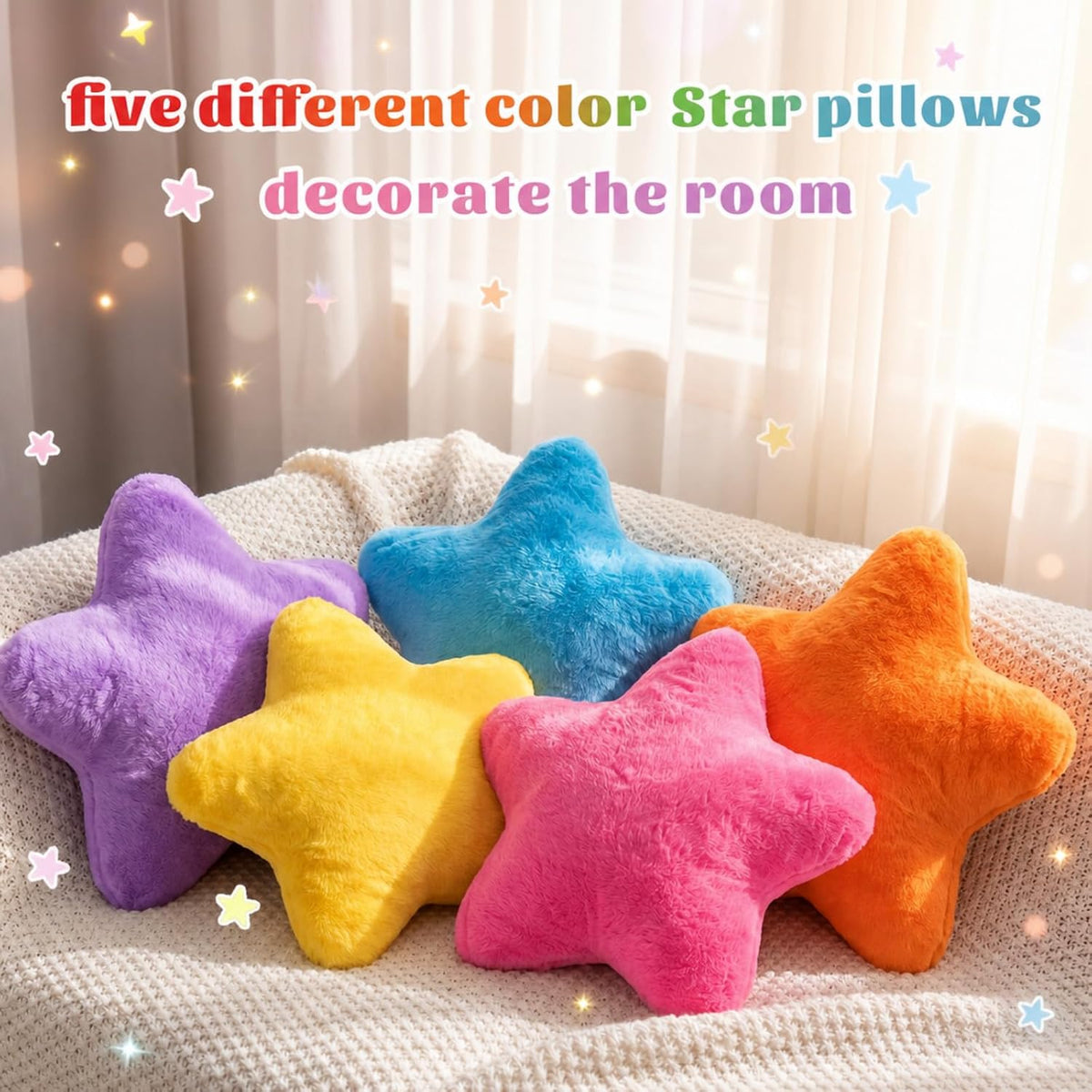 Soaoo 5 Pcs Star Fluffy Pillow Shaped Star Throw Pillow Kids Aesthetic Decor Soft Preppy Cute Cushion for Sofa Living Room Bedroom Back to School 15.75 in, Bright Mix