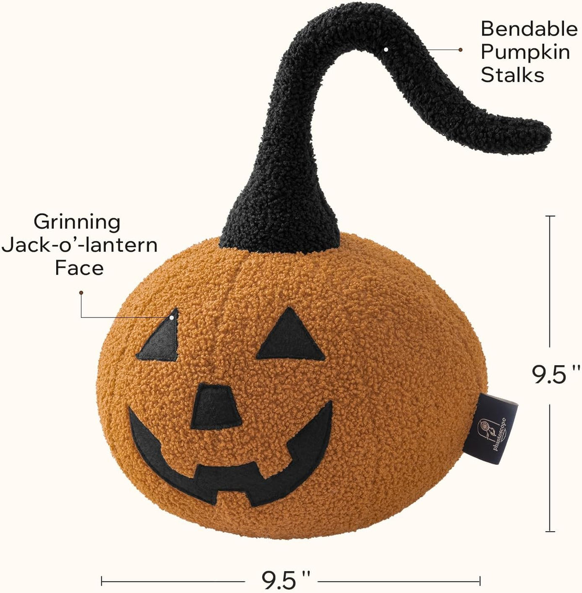 Phantoscope Happy Halloween Pumpkin Shaped Throw Pillow, Teddy Fleece Jack-o’-Lantern Pumpkin Pillow, Ultra Soft Sherpa Fall Decorative Halloween Cushion Pillow, Orange, 9.5 x 9.5 inches