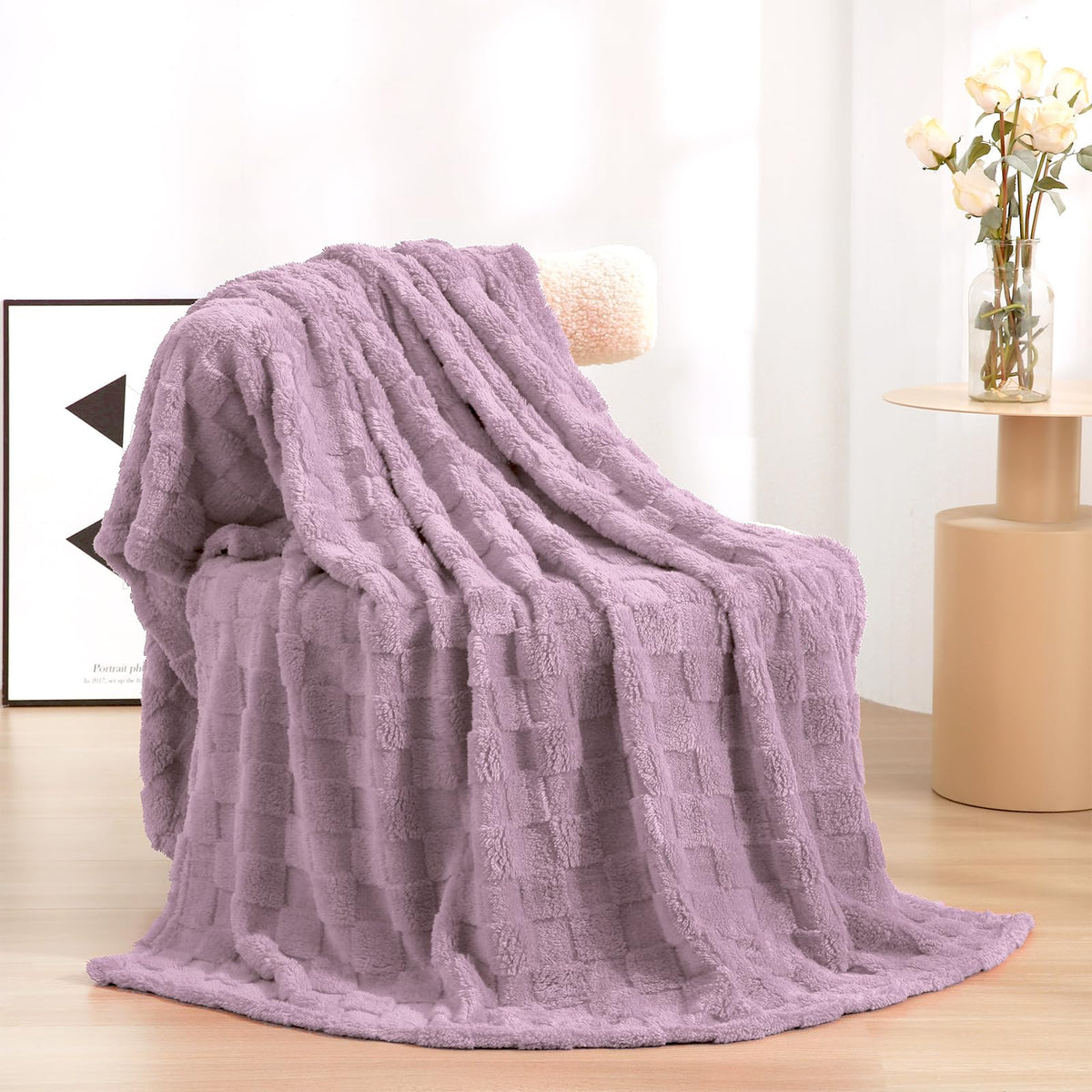 Deep Purple Fleece Throw Blanket 50”×60”Checkered Design for Couch