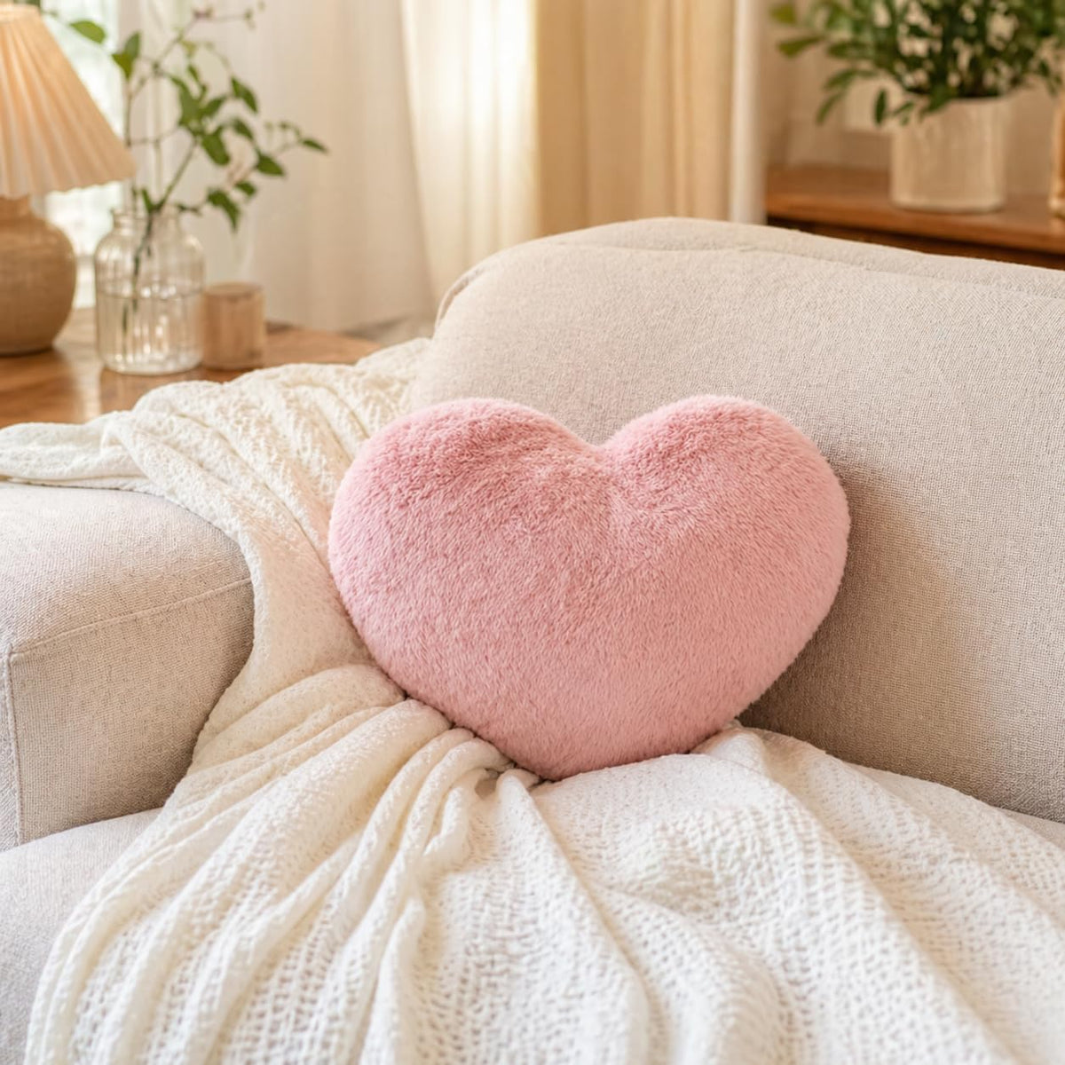 RAINFLOW Decorative Heart Pillow - Pink Faux Fur Throw Pillow Room Decor