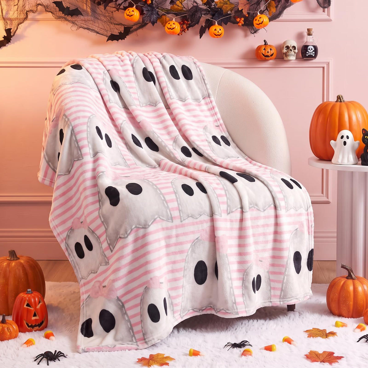 FuWeave Halloween Throw Blanket Cute Ghost Blanket Black and White Striped