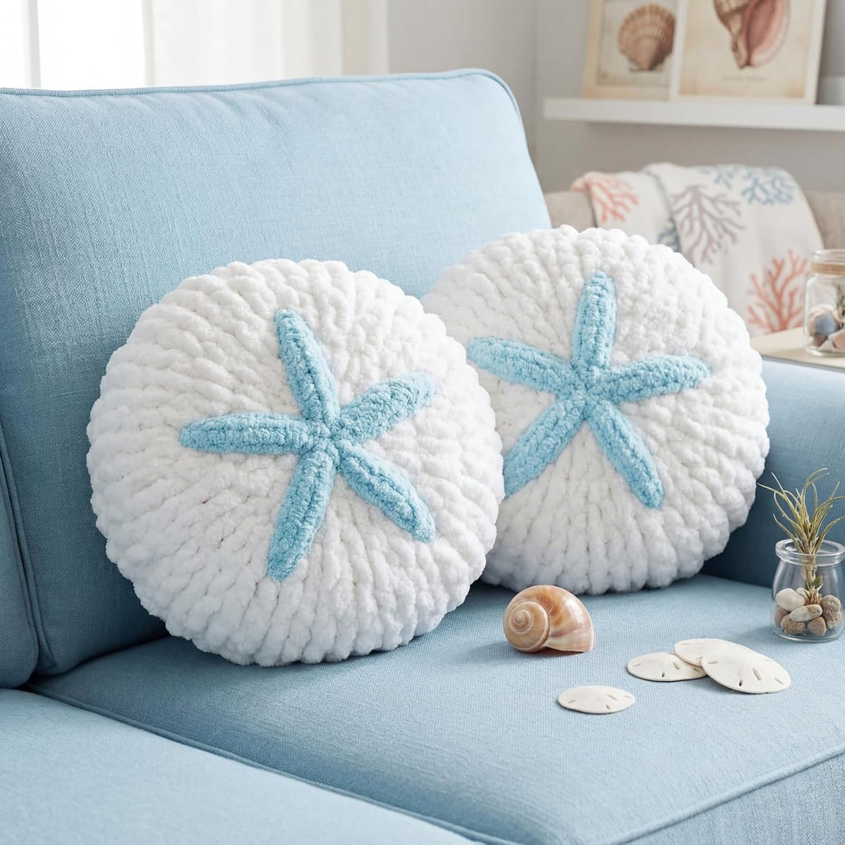 Breling 2 Pcs Hand Crochet Sand Dollar Pillows Knitted Throw Pillows
