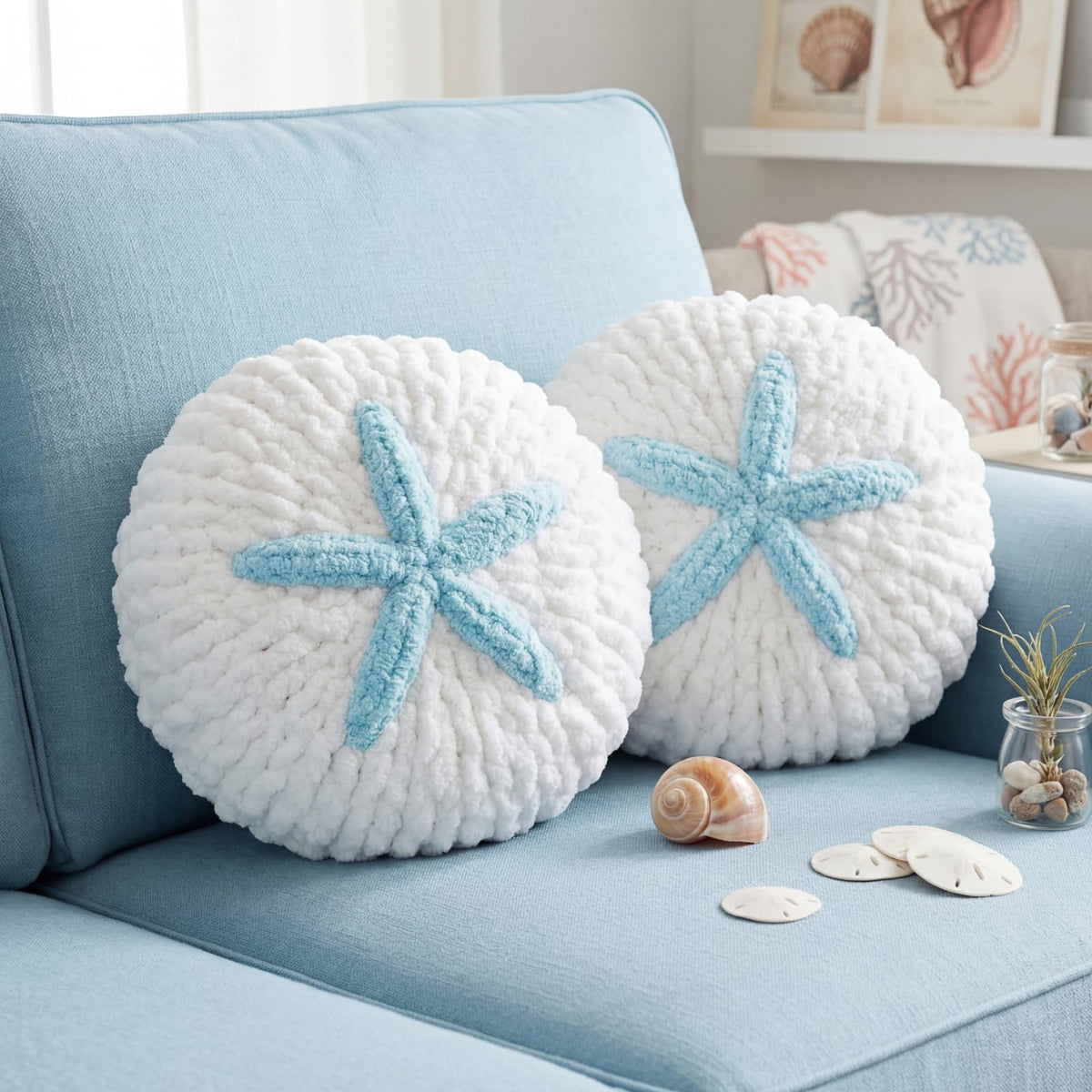 Breling 2 Pcs Hand Crochet Sand Dollar Pillows Knitted Throw Pillows