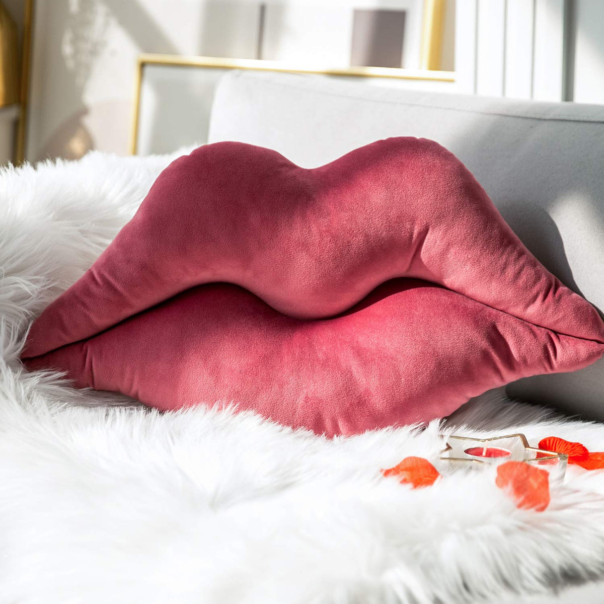 Ashler Lips Throw Pillows Smooth Soft Velvet Insert Included, Lip Shaped Pillow for Bed Living Room, New Red, 24 X 12 inches