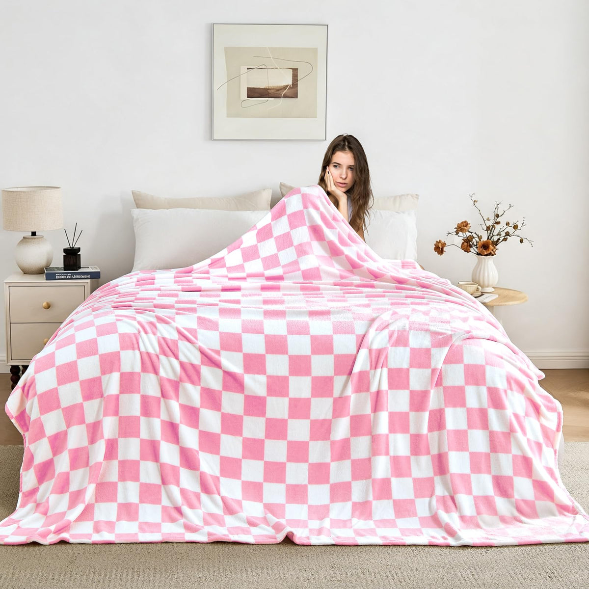 Edenleaf Pink Checkered Fleece Throw Blanket for Couch Warm Home Decor