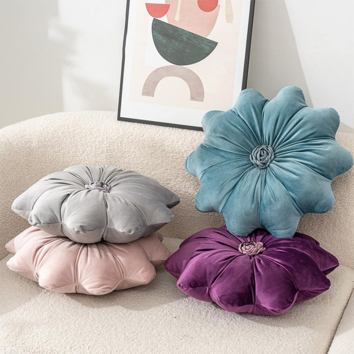 Flower Pillow Cushion Round Decorative Throw Pillows 15.7 Inch Velvet Flower Shaped Pillow Floral Cushion for Sofa, Couch, Vanity Chair, Bed (Green)