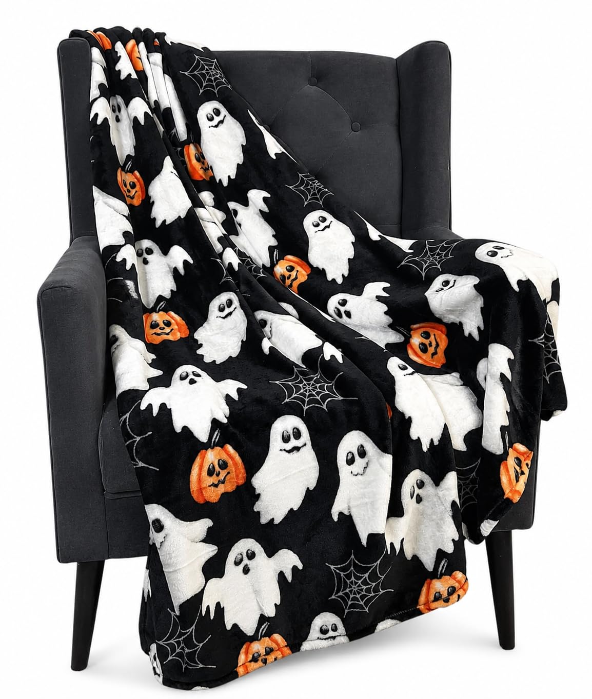 Halloween Fleece Throw Blanket, Black Bats on Gray, 50"x70" Oversized