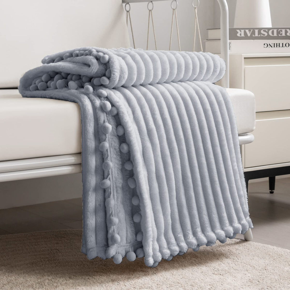 DISSA Fleece Blanket Throw Size – 51x63, Yellow Soft, Plush, Fluffy, Fuzzy, Warm, Cozy Perfect for Couch, Bed, Sofa - with Pompom Fringe Flannel
