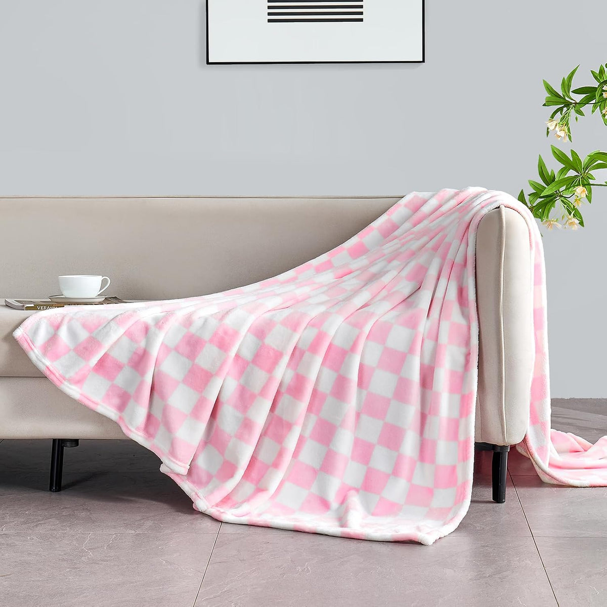 Edenleaf Pink Checkered Fleece Throw Blanket for Couch Warm Home Decor