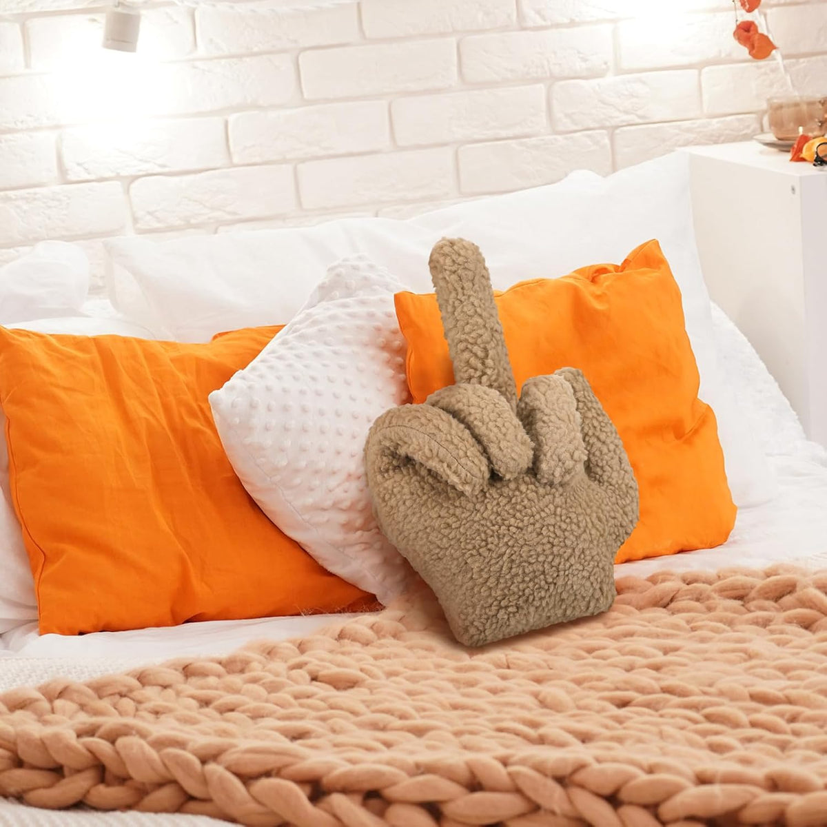 Menkxi Small Middle Finger Decorative Pillow Funny Shaped, Light Brown