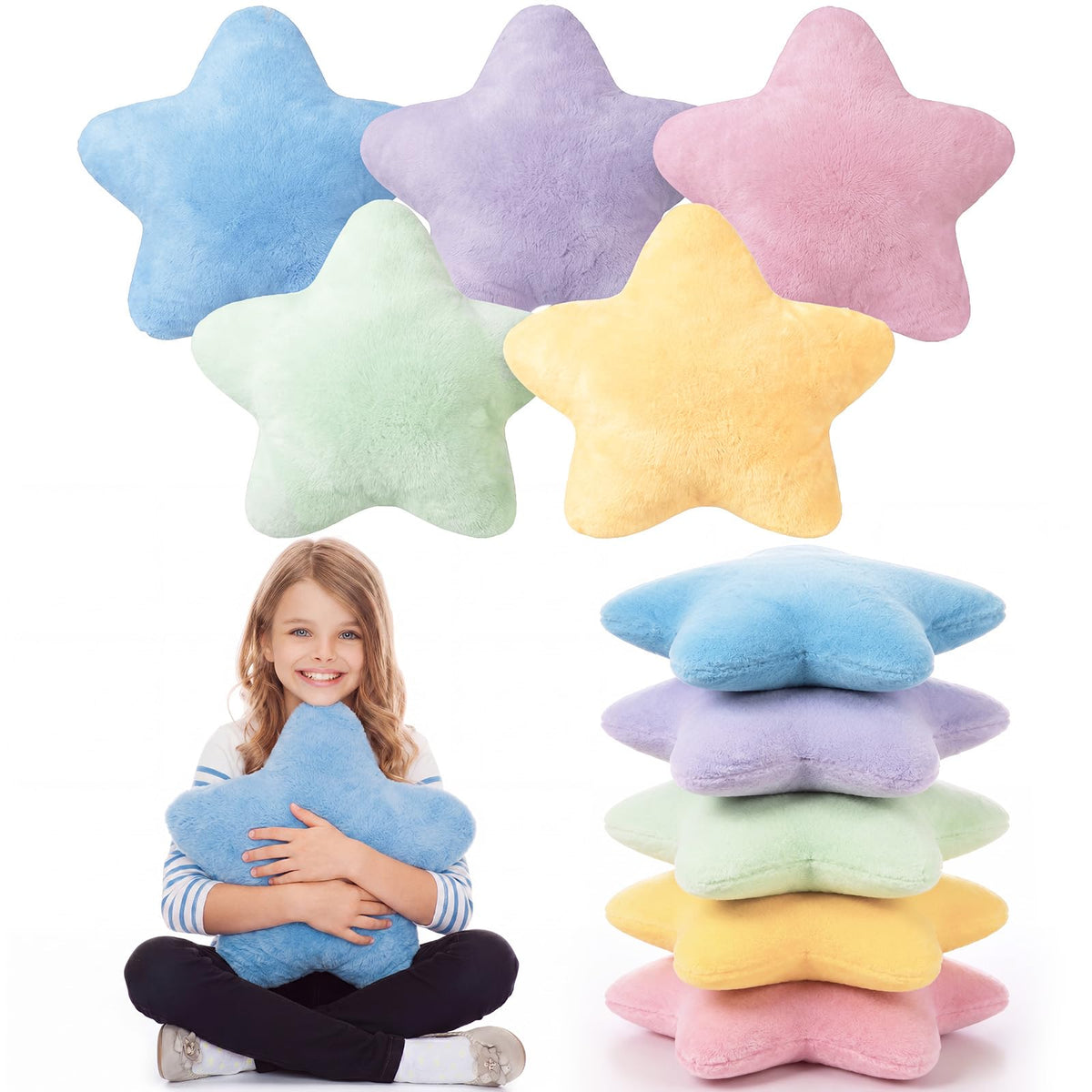 Soaoo 5 Pcs Star Fluffy Pillow Shaped Star Throw Pillow Kids Aesthetic Decor Soft Preppy Cute Cushion for Sofa Living Room Bedroom Back to School 15.75 in, Bright Mix