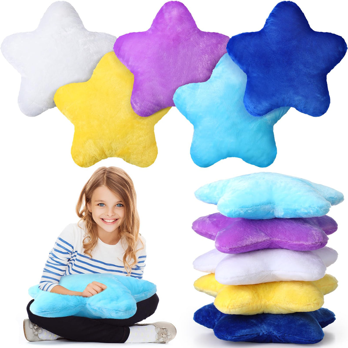 Soaoo 5 Pcs Star Fluffy Pillow Shaped Star Throw Pillow Kids Aesthetic Decor Soft Preppy Cute Cushion for Sofa Living Room Bedroom Back to School 15.75 in, Bright Mix