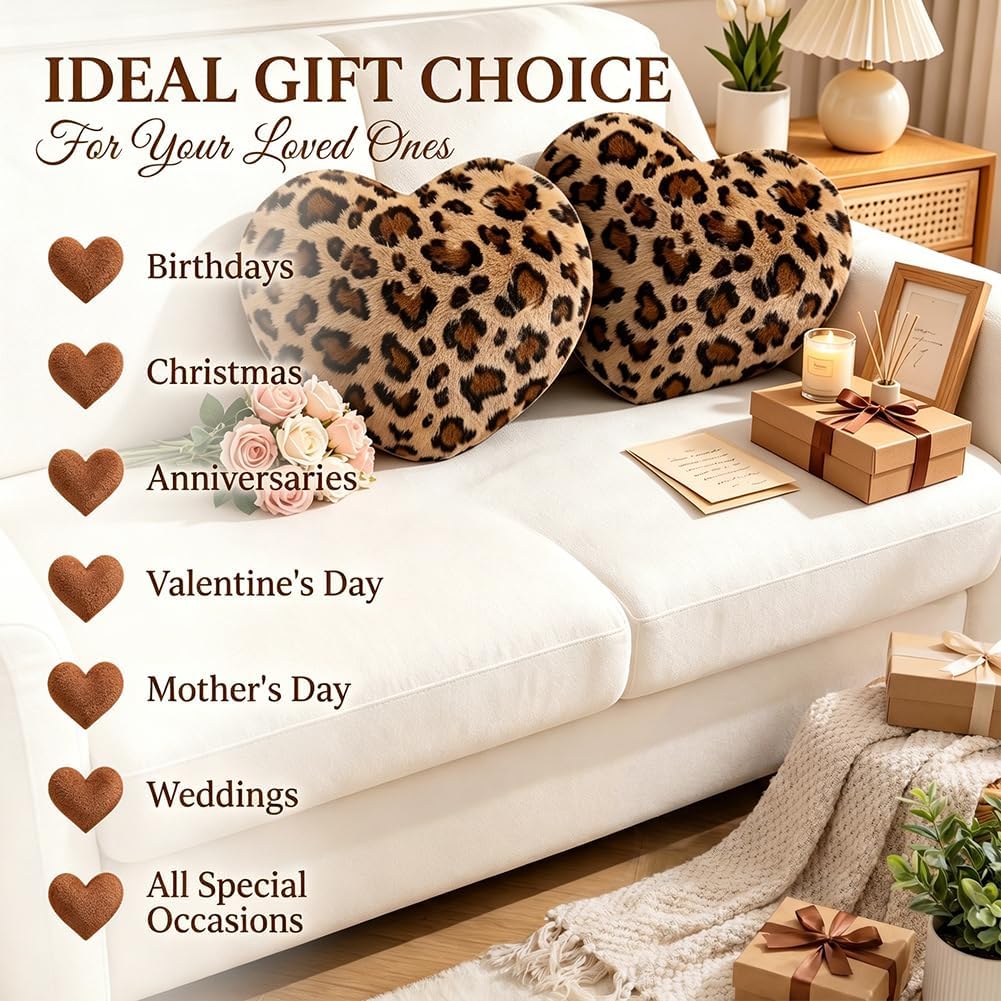 Leopard Heart Pillow Small Cheetah Print Love Pillows Soft Faux Fur Heart Shaped Decorative Pillow Cushion for Bed, Sofa, Couch, Bedroom & Living Room 13 x 10 Inch