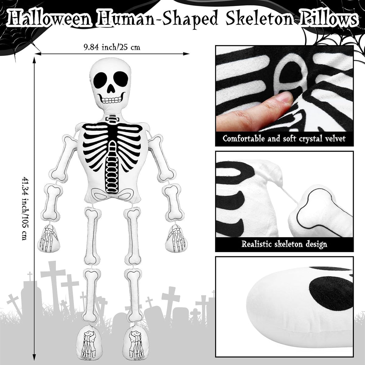 Wonderjune 41 Inch Halloween Skeleton Pillows Plush Stuffed Skull Pillow