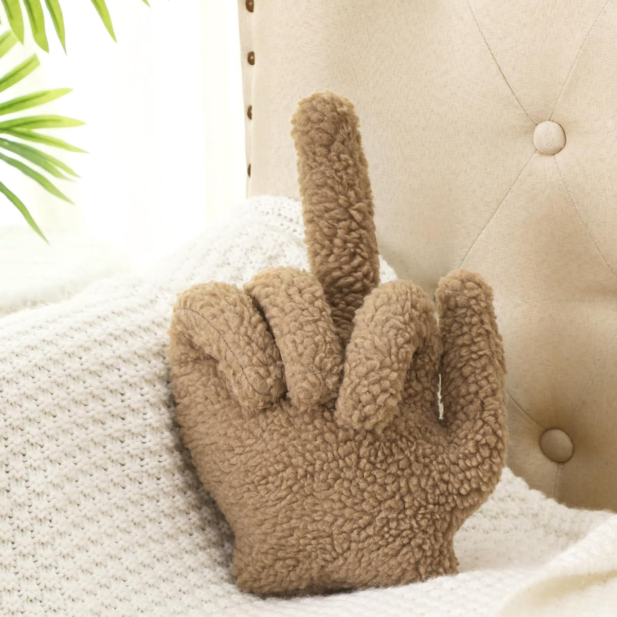 Menkxi Small Middle Finger Decorative Pillow Funny Shaped, Light Brown