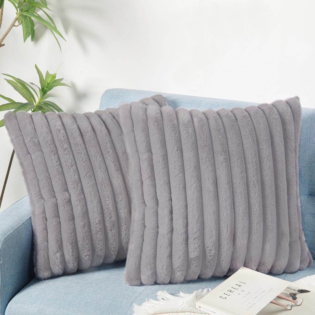 Decorative Throw Pillow with Inserts, Set of 2 Soft Faux Fur Throw Pillows, Square Boho Striped Pillow for Couch, Bed, Sofa Decor(Beige, 18" x 18")